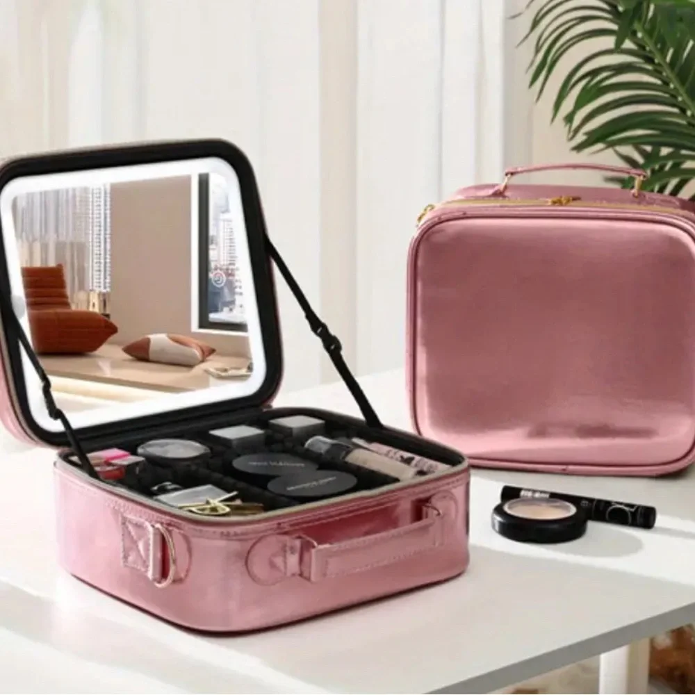Pink Cosmetic Travel Organizer / Storage Case with LED Mirror - New